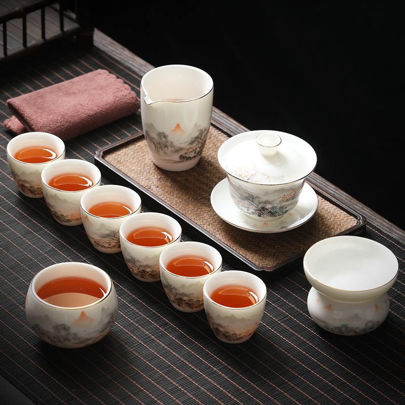 茶具套装功夫茶杯泡茶盖碗杯子青花高端茶壶德化办公室家用白玉瓷