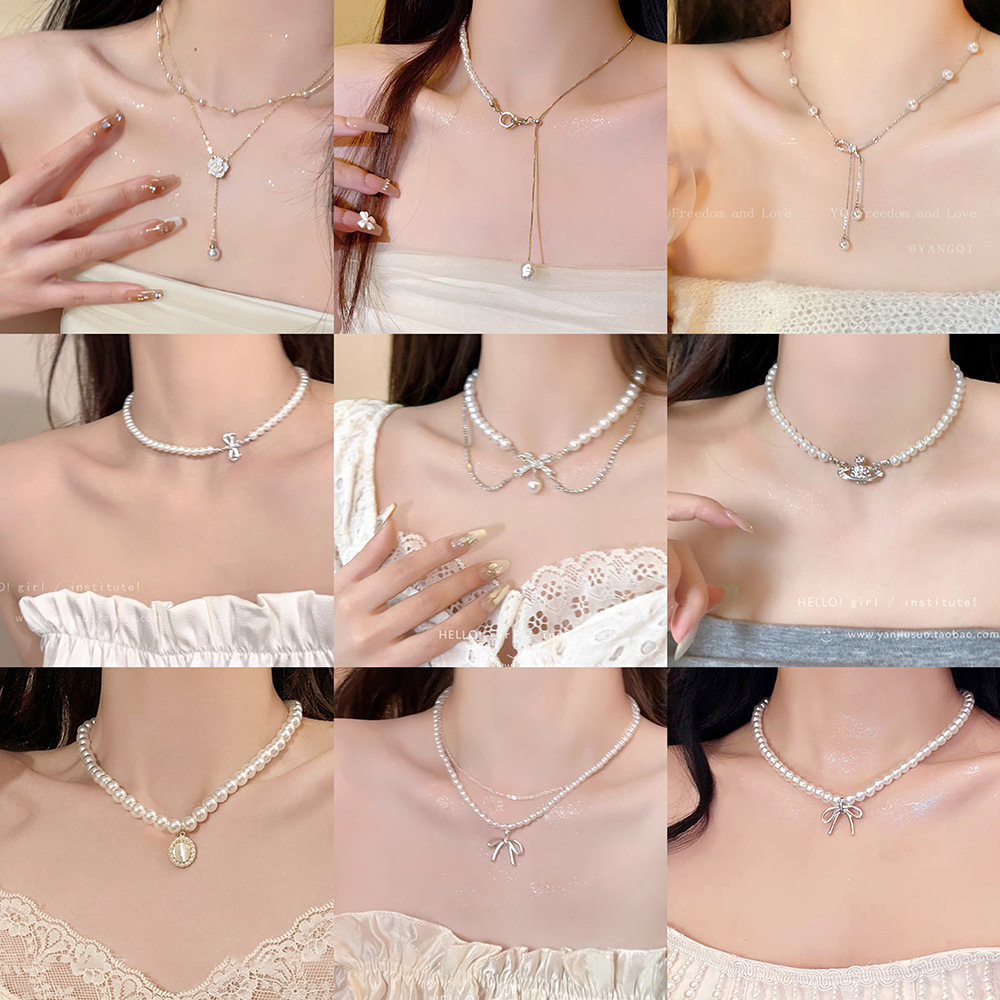 蝴蝶结吊坠珍珠项链轻奢高级感小众颈链女款优雅贵气锁骨链配饰品