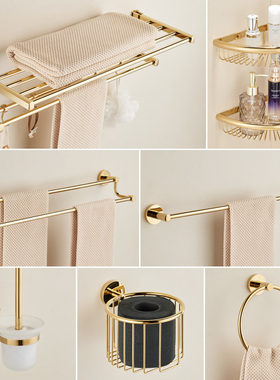 金色毛巾架子折叠全铜浴巾架卫生间免打孔浴室置物架卫浴五金挂件