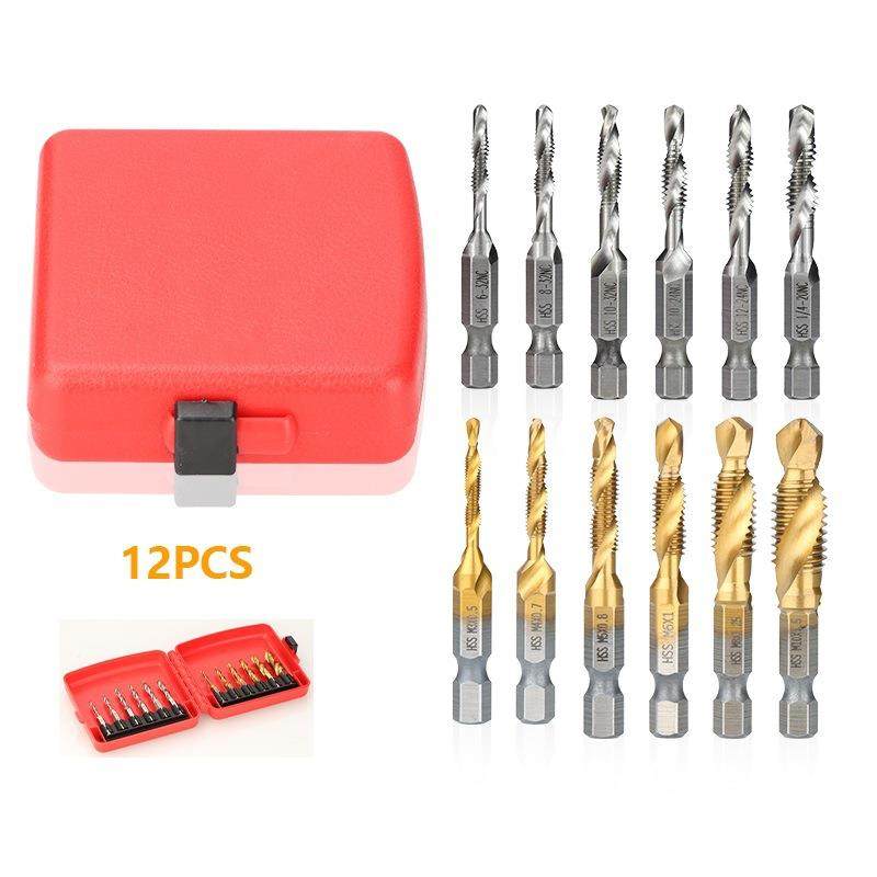 12pcs高速钢螺纹丝锥钻头套件1/4六角柄螺旋尖头螺纹钻床丝锥