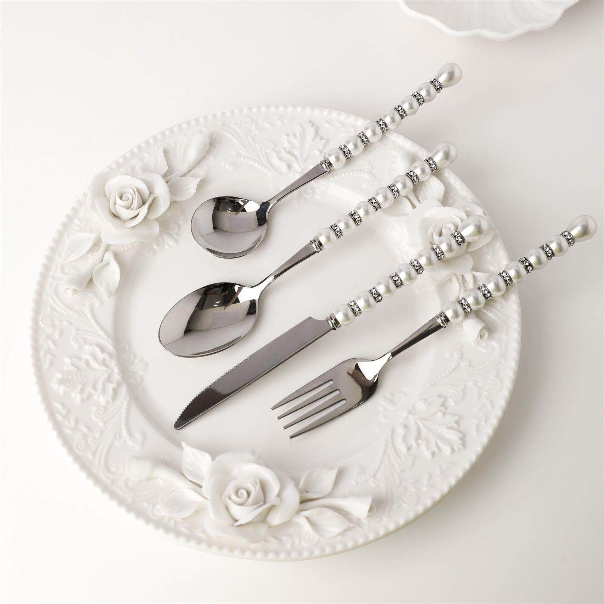 轻不锈钢珍珠OY668镶钻刀叉勺套子装西餐用厅餐具奢三件套家甜品,餐饮具,西餐餐具套装,淘宝优惠券,粉丝福利购,淘宝优惠卷