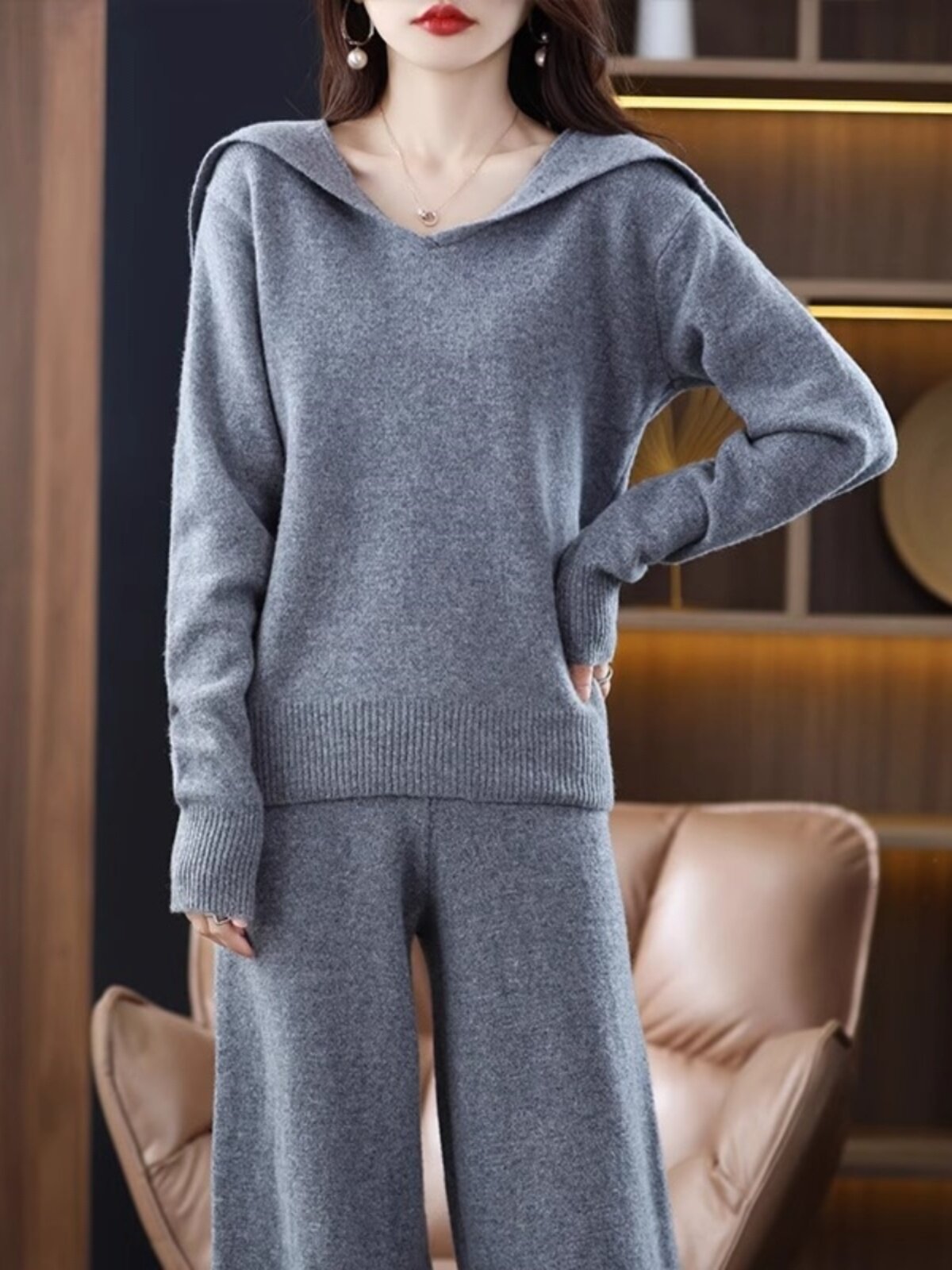 칭다오 대외 무역 브랜드 카운터 캐시미어 정장 여성 가을 겨울 느슨한 니트 와이드 팬츠 세련된 울 투피스 세트