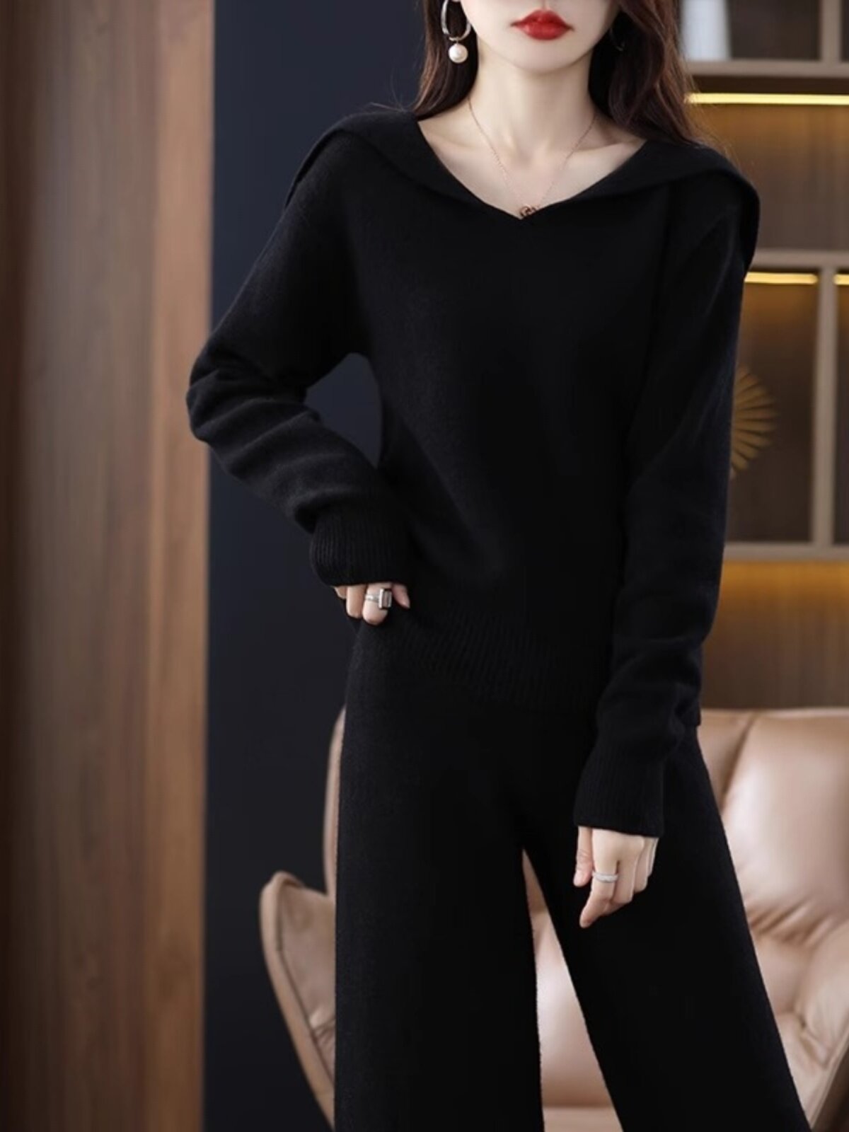 칭다오 대외 무역 브랜드 카운터 캐시미어 정장 여성 가을 겨울 느슨한 니트 와이드 팬츠 세련된 울 투피스 세트