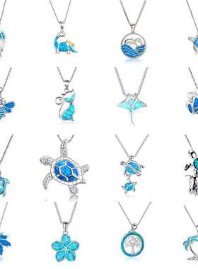 Bohemia Blue Imitation Opal Cute Jellyfish Pendant Necklace