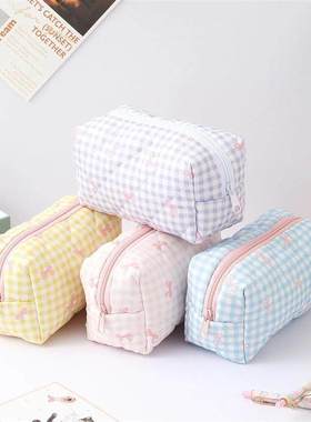 1pc plaid bow pattern pencil case spacious large-capacity fa