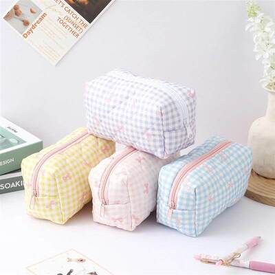 1pc plaid bow pattern pencil case spacious large-capacity fa