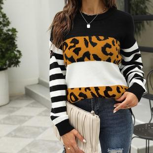 sweater leopard print round womens color Contrast striped