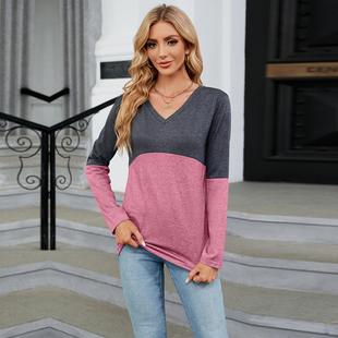stitching loose contrast sleeve Womens long color neck