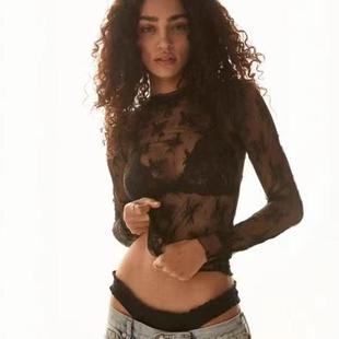 Sexy Top See Shirt Multicolor Sleeve Lace through Mesh