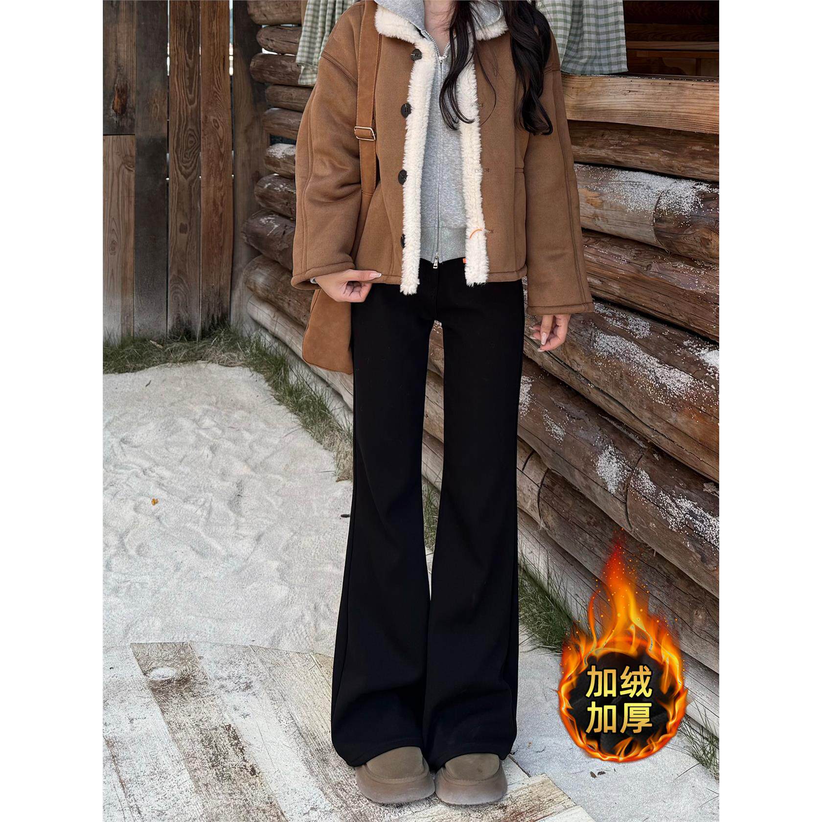 加绒黑色微喇牛仔裤女冬季2025新款小个子高腰显瘦不贴腿喇叭裤子