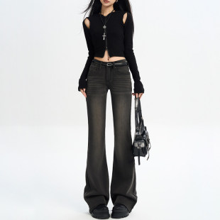 黑灰不贴腿微喇裤女2026春季新款小个子烟灰色美式复古喇叭牛仔裤