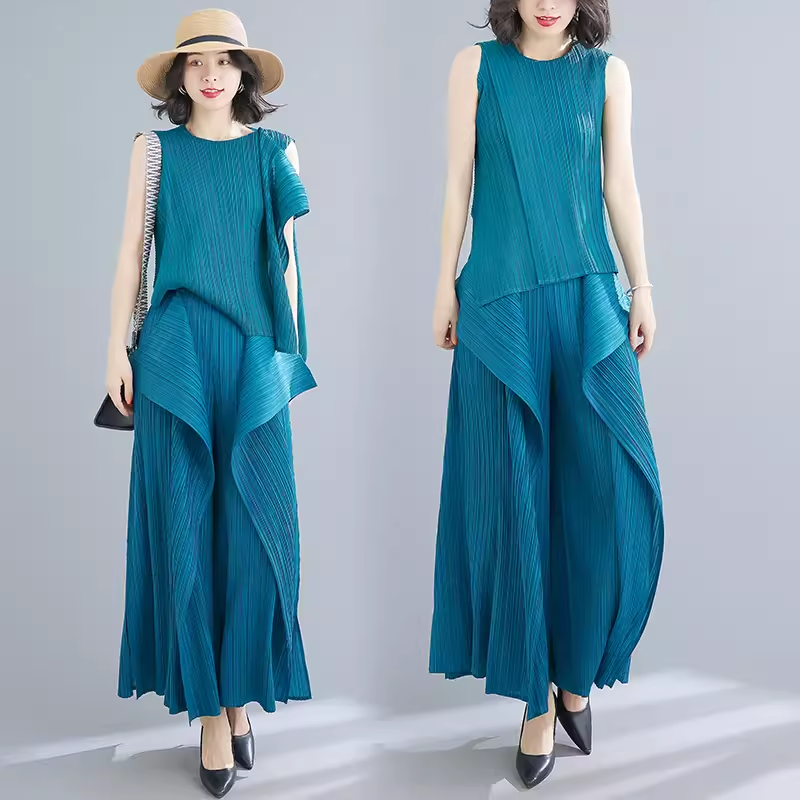 设计感三宅褶皱套装女春夏海带阔腿裤时尚港味无袖背心两穿两件套