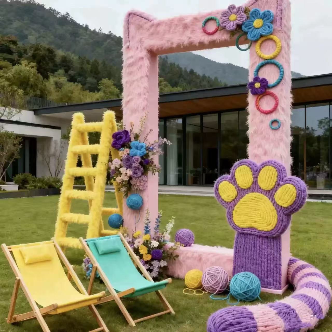 网红仿真花毛绒拍照框户外摆件