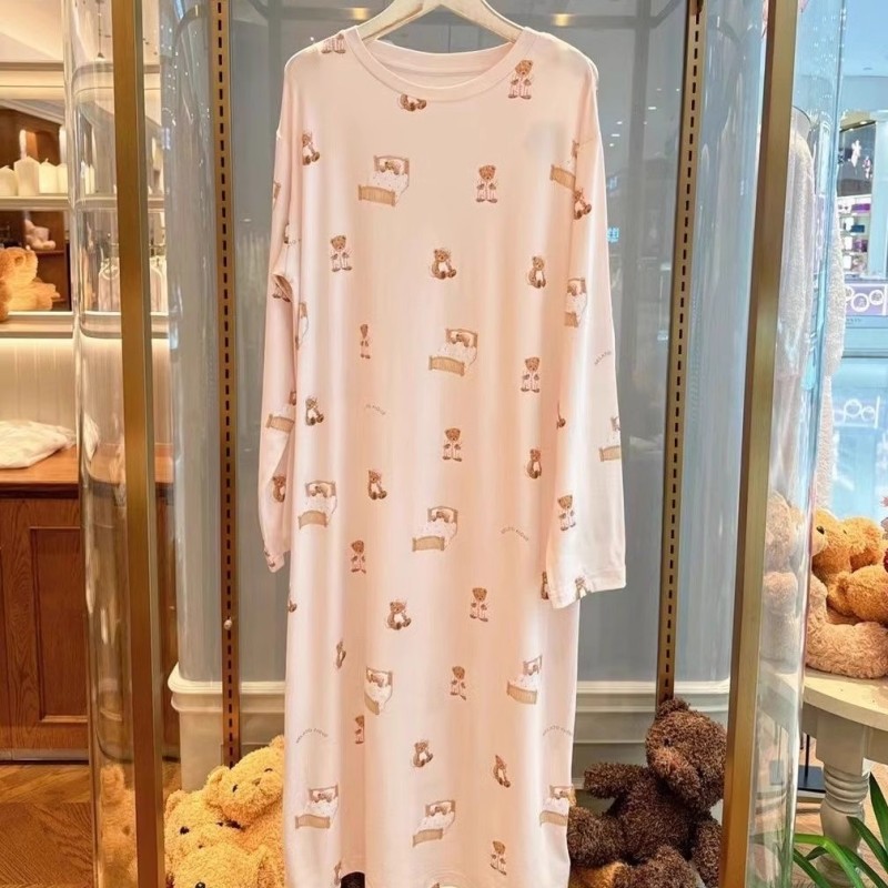 2025新款秋冬软绵绵莫代尔棉圆领长袖睡裙少女卡通小熊柔软家居服