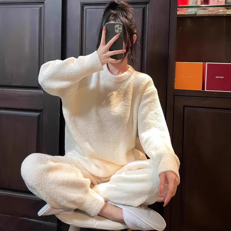 半边绒睡衣女士2025新款日系冬季女软绵绵圆领宽松软糯家居服加厚