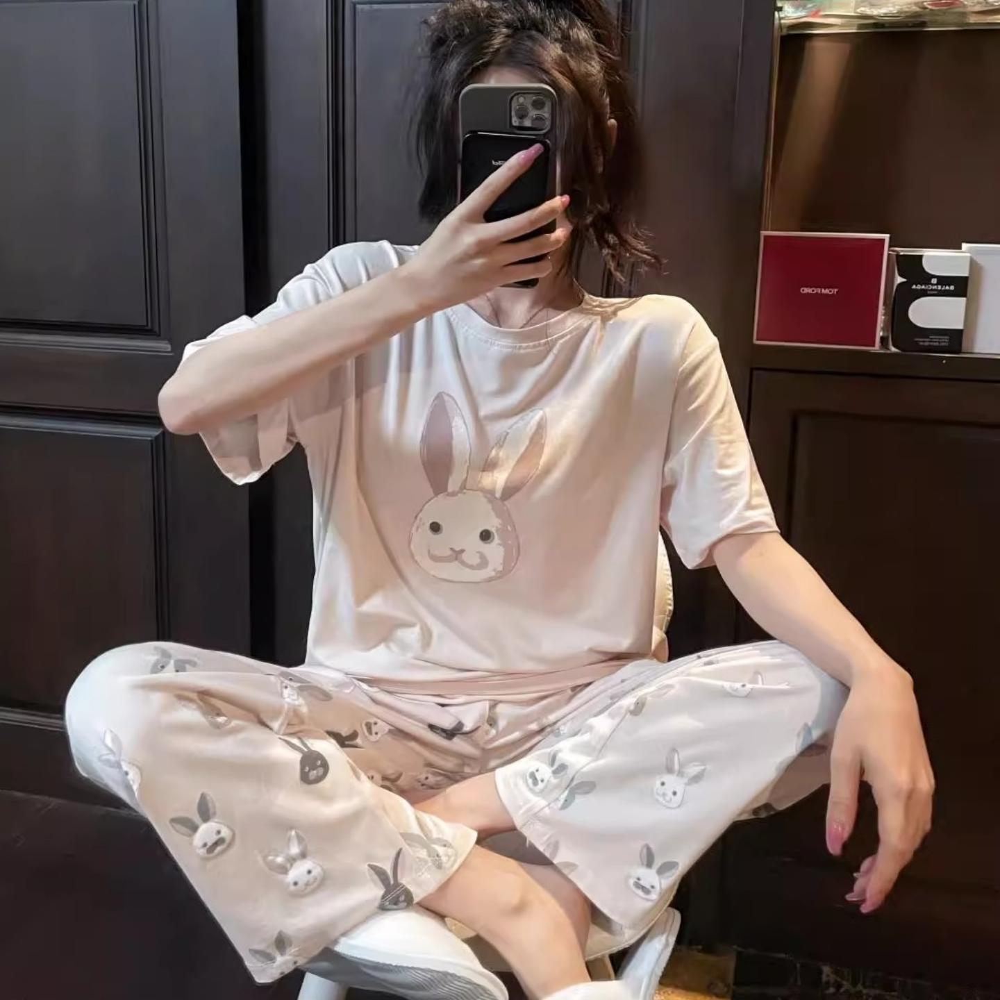 新款睡衣少女日系莫代尔棉圆领短袖可爱卡通兔子夏季家居服套装