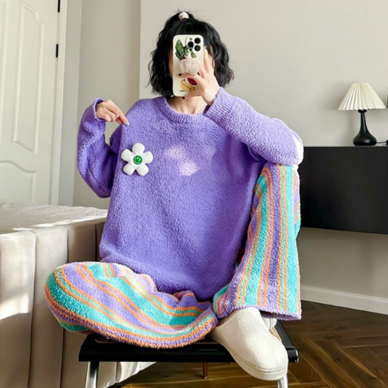 加厚半边绒甜美花朵冬季加绒睡衣女长袖长裤新款圆领保暖家居124