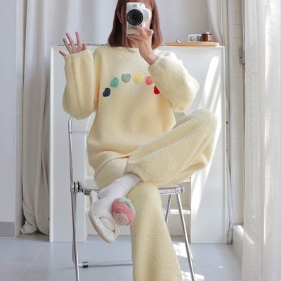 2025年新款爱心睡衣女冬季珊瑚绒加绒加厚甜美可外穿保暖家居服