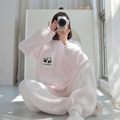 珊瑚绒长袖睡衣女新款可外穿熊猫软绵绵冬季加厚加绒家居服套装