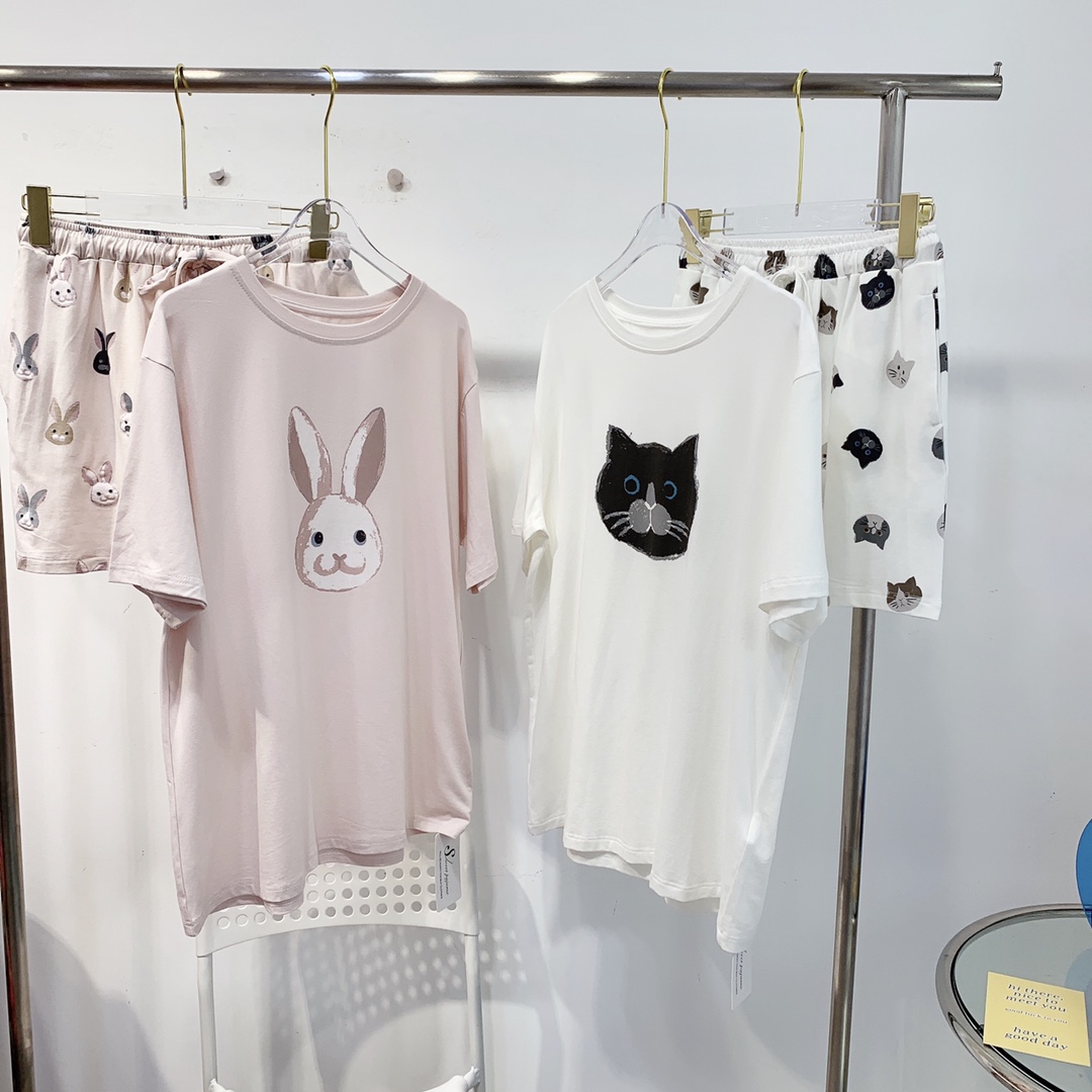 日系兔子猫咪莫代尔棉睡衣少女春夏薄款圆领印花短袖凉感家居服套