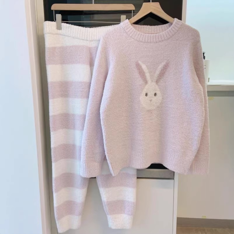 半边绒日系冬季软绵绵可爱小兔子猫咪睡衣女条纹保暖家居服套装