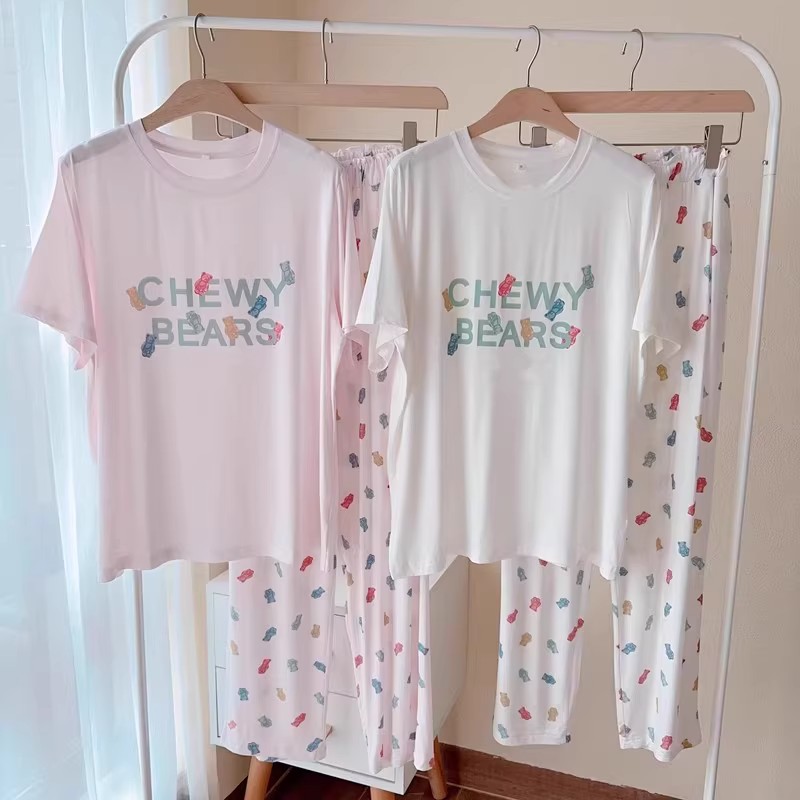 新品夏季卡通莫代尔棉睡衣女甜美圆领短袖长裤家居服薄款透气套装