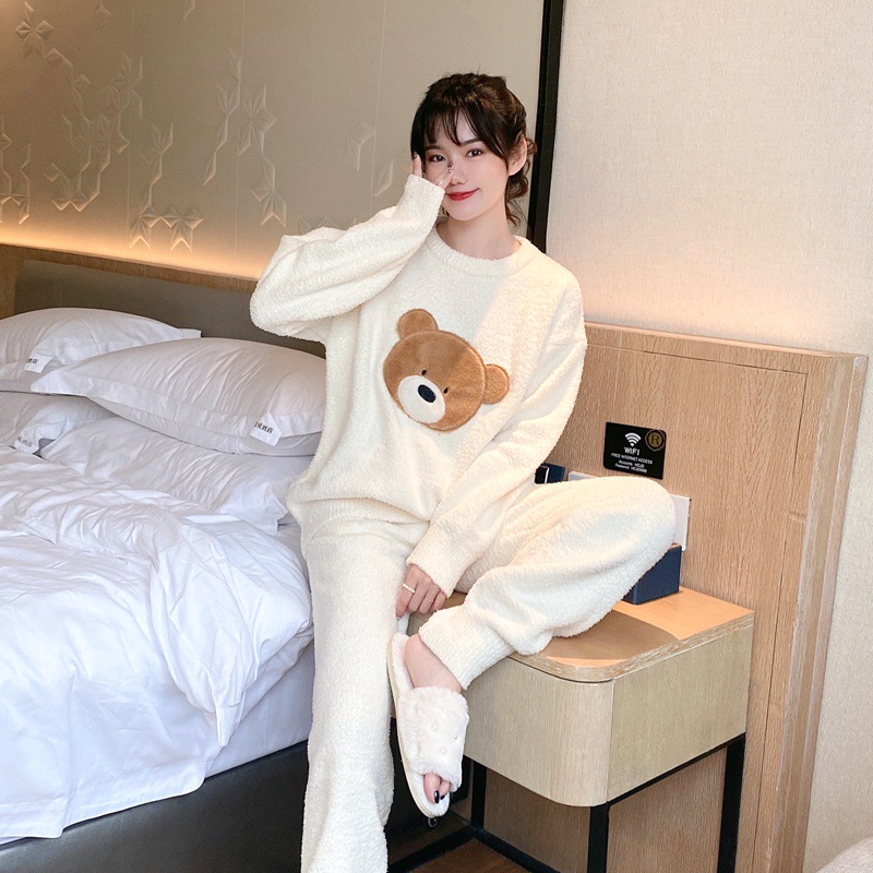长袖睡衣女珊瑚绒秋冬加厚加绒保暖套装小熊软绵绵可爱卡通家居服