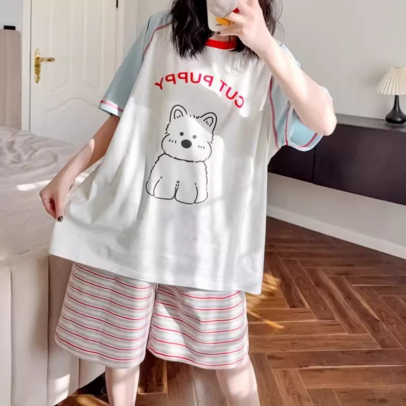 卡通条纹睡衣少女夏季莫代尔棉短袖短裤日系可外穿运动家居服薄款