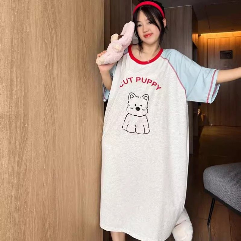 蓝色插肩袖小狗短袖莫代尔棉睡裙女夏季宽松孕妇胖MM睡衣女家居服,女士内衣/男士内衣/家居服,睡裙,淘宝优惠券,粉丝福利购,淘宝优惠卷