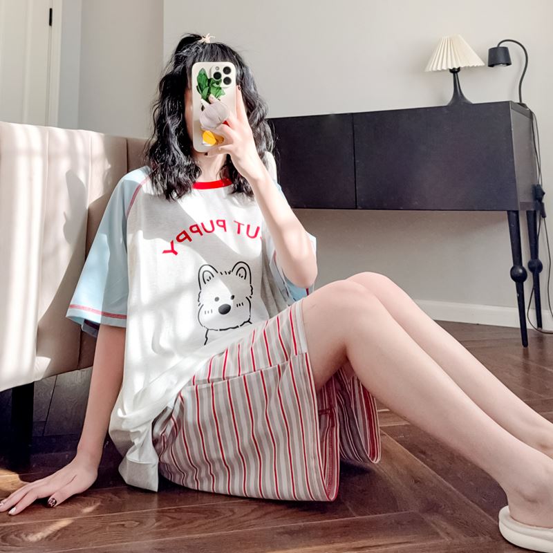 卡通条纹睡衣少女夏季莫代尔棉短袖短裤日系可外穿运动家居服薄款