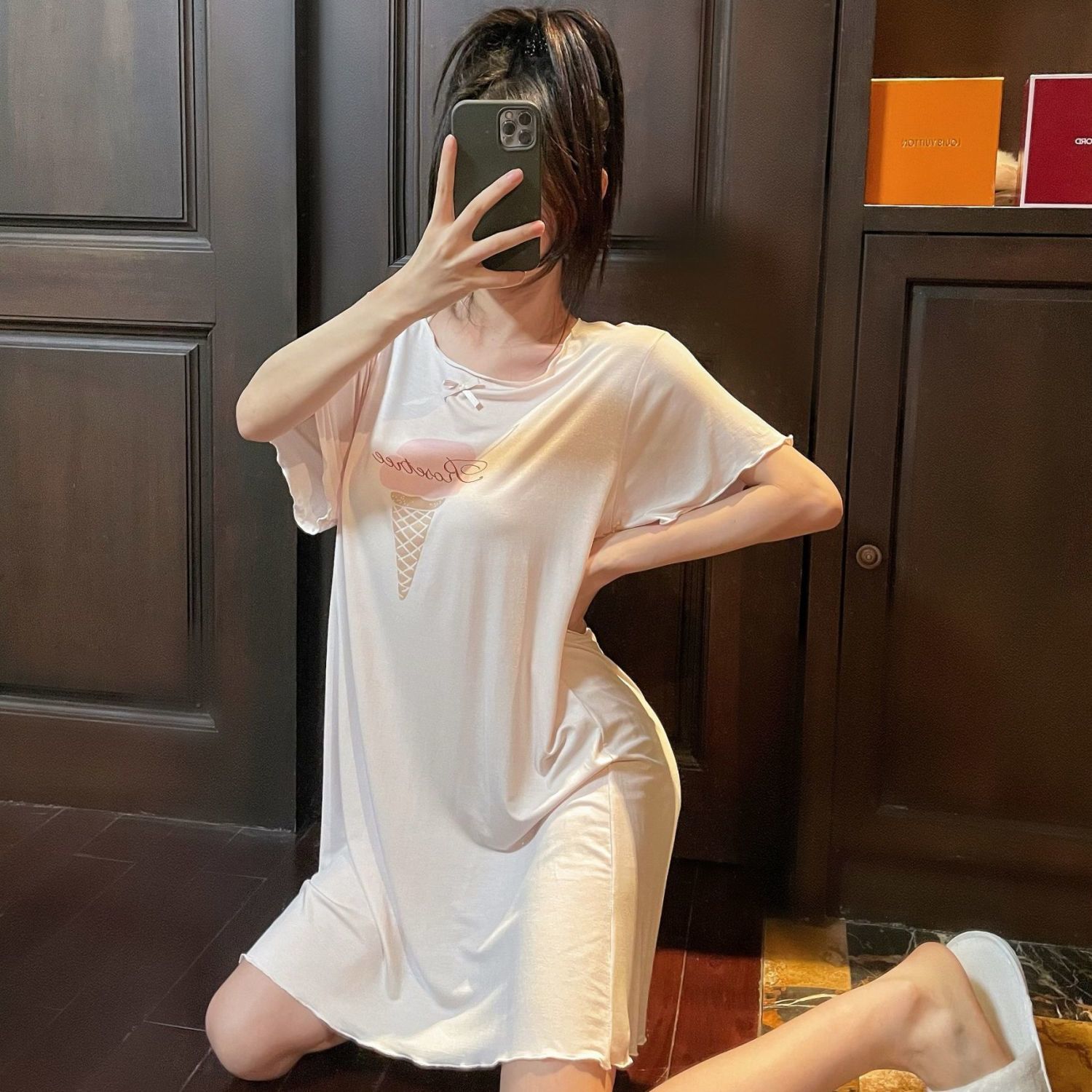 睡衣少女日系大码睡裙短袖冰激凌圆领卡通莫代尔棉家居服夏宽松薄