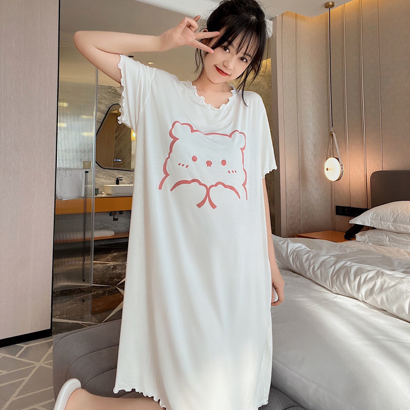 日系卡通小熊莫代尔棉柔软薄款短袖睡裙圆领可爱甜美大码睡衣少女