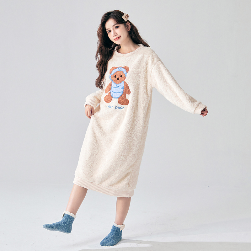 『鲜奶小熊』日系卡通珊瑚绒睡衣女冬季加厚加绒可外穿家居服套装