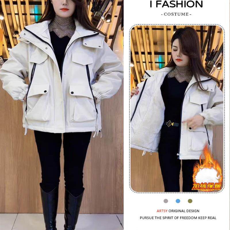 加绒加厚白色棉服外套女2025冬季新款韩版大码减龄工装保暖冲锋衣