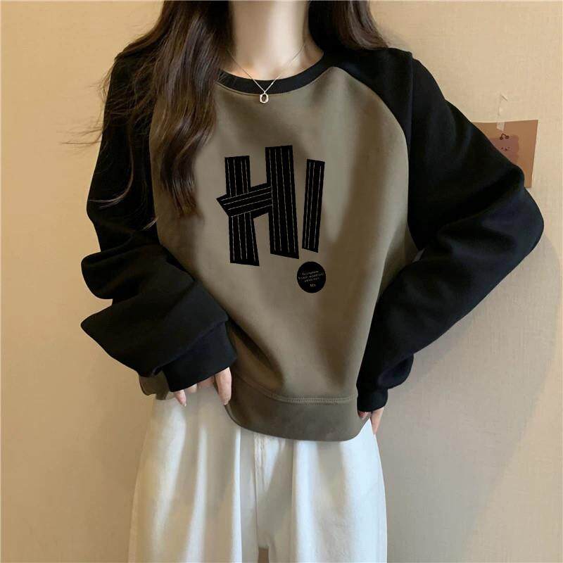 韩国港味圆领卫衣女春秋冬插肩袖小众设计感宽松美式复古无帽上衣