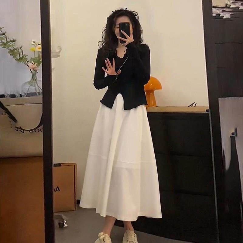 高腰垂坠感白色半身裙女伞裙春秋a字裙小个子气质半裙松紧Viiwen
