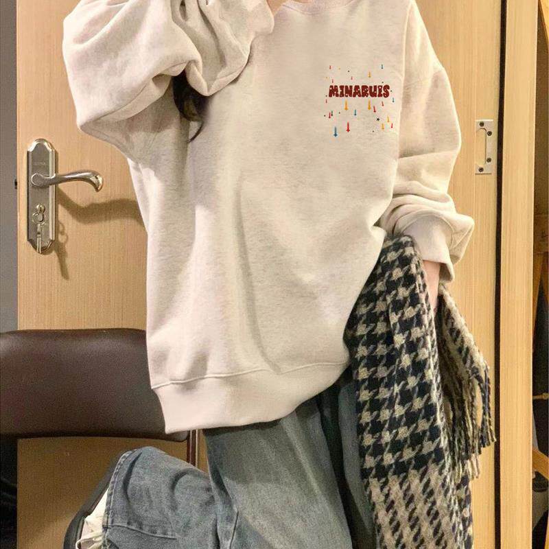 白灰色美式覆古加绒加厚卫衣女士2025新款秋冬宽松慵懒风无帽上衣