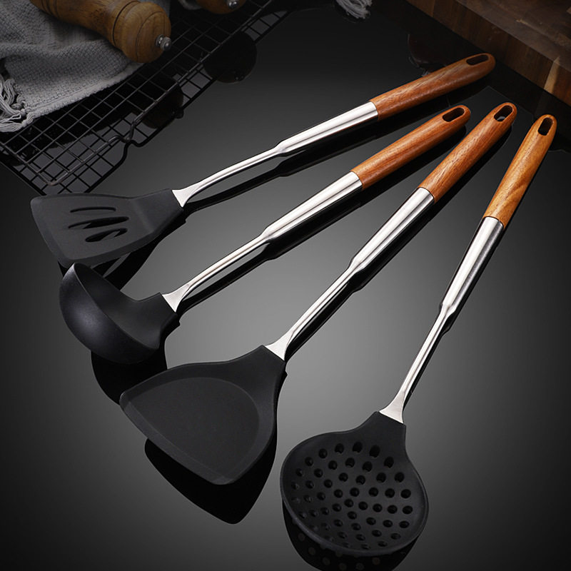 自己用不锈钢花梨木柄硅胶锅铲套装厨具漏勺耐高温汤勺硅胶烹饪炒