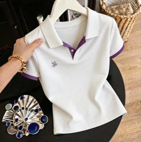撞色Polo衫女短袖2026夏季新款修身显瘦翻领T恤女上衣