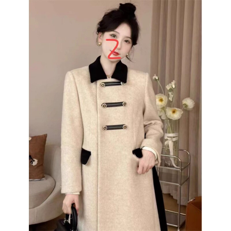 高级感气质毛呢外套女秋冬季2025新款撞色翻领中长款羊绒呢子大衣