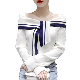 网红直播衣服女主播服装上镜性感一字肩挂脖上衣露肩长袖针织衫秋