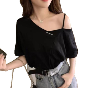 网红抖音直播上衣服女款主播服装上镜性感一字领露肩洋气短袖t恤