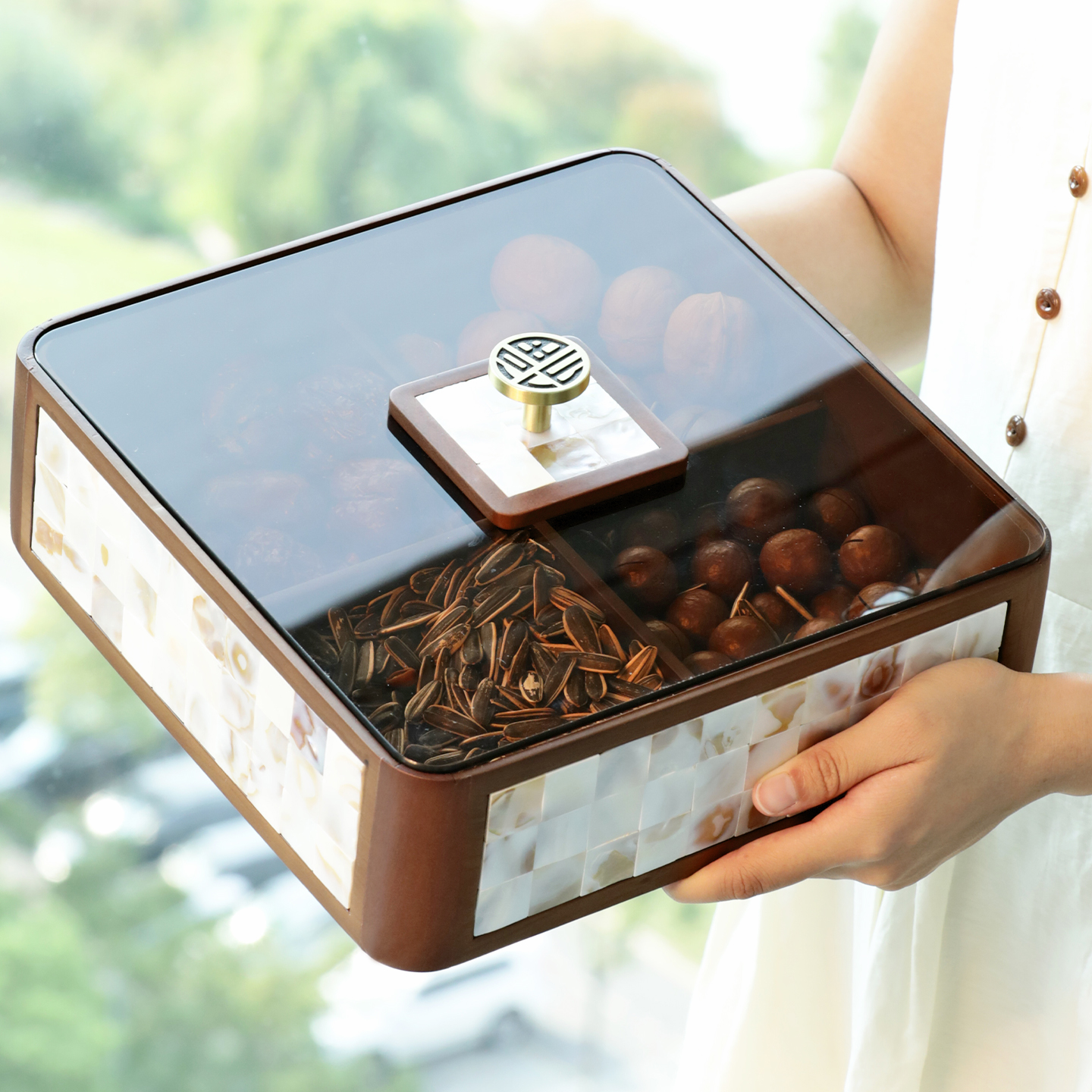 实木贝壳轻奢高颜值高档干果盒客厅家用茶几坚果收纳盒高端水果盘