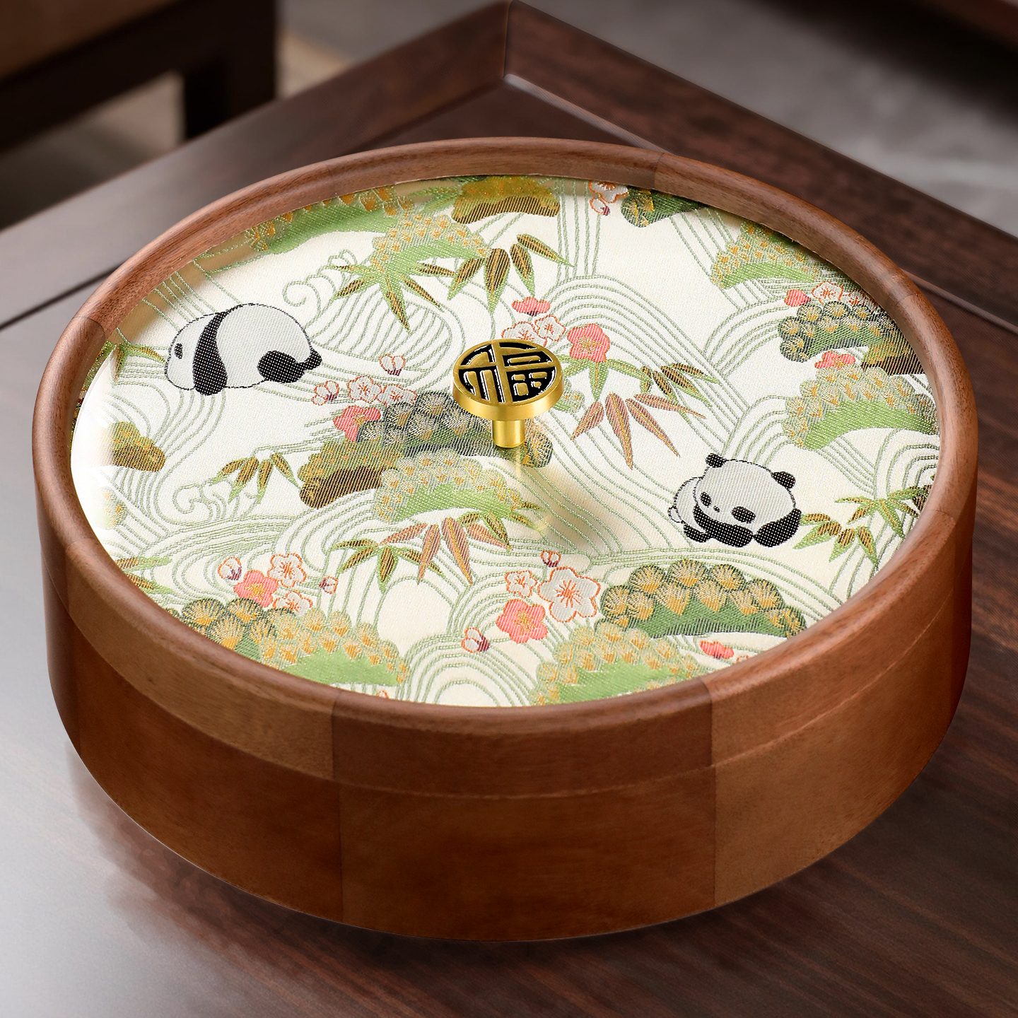 新中式锦缎布实木客厅家用干果盒