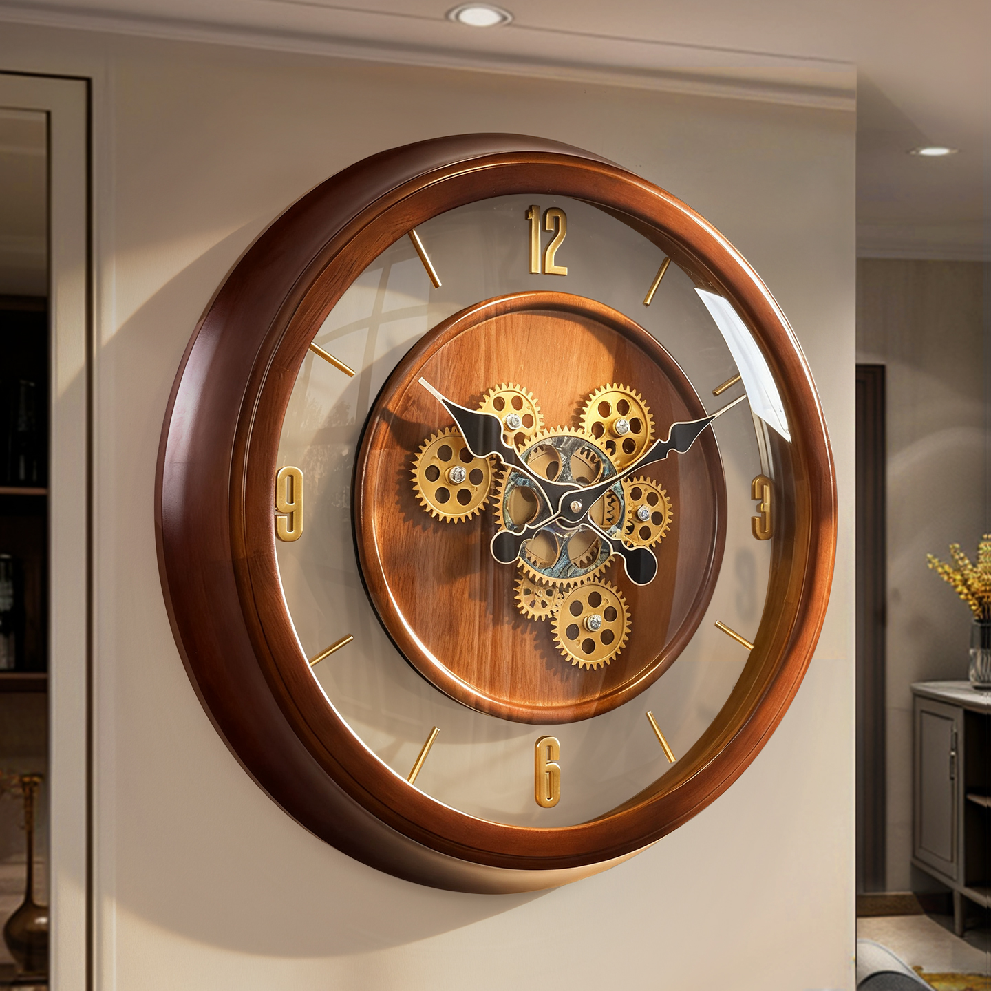 轻奢高档齿轮实木挂钟