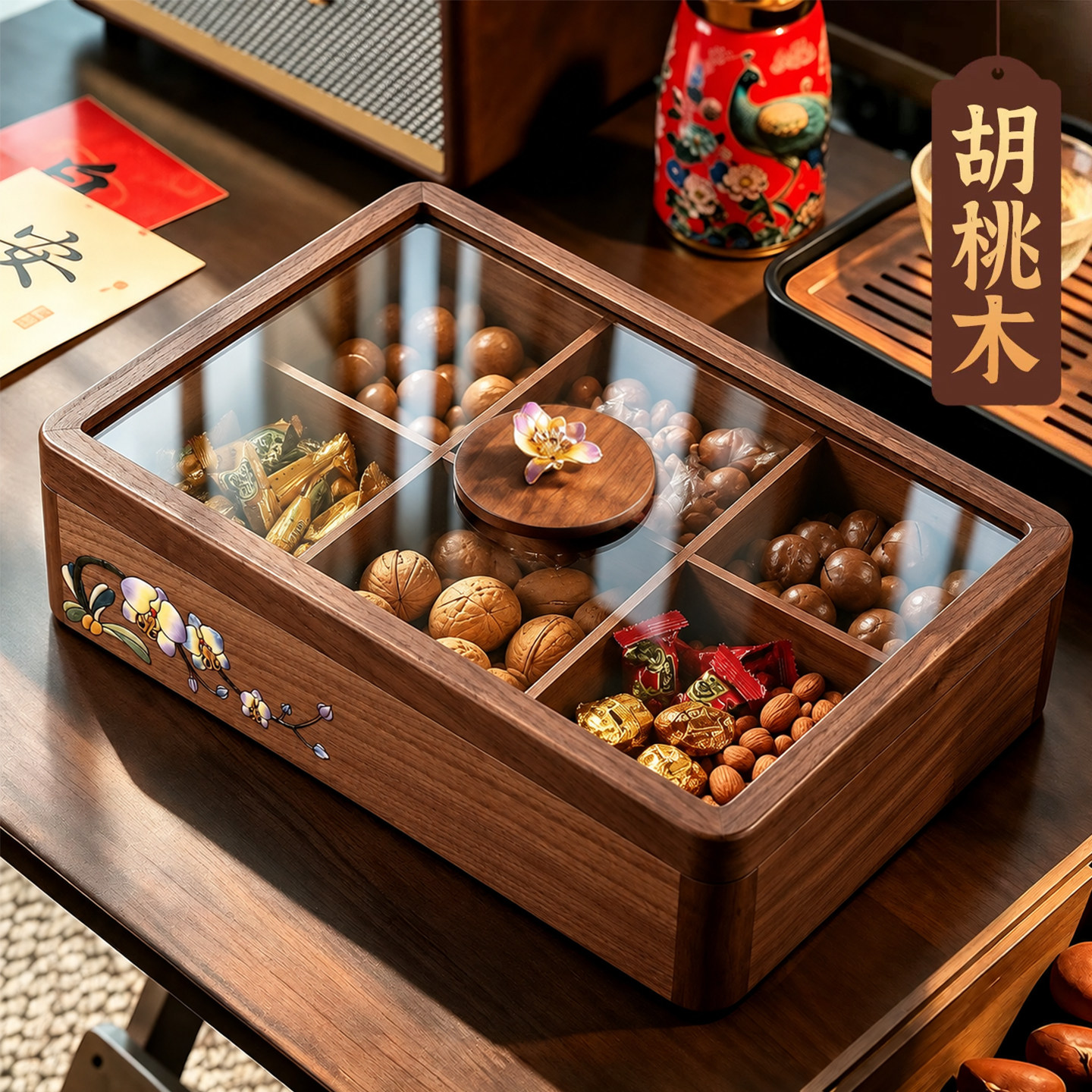 【非遗珐琅彩漆画】黑胡桃木果盒