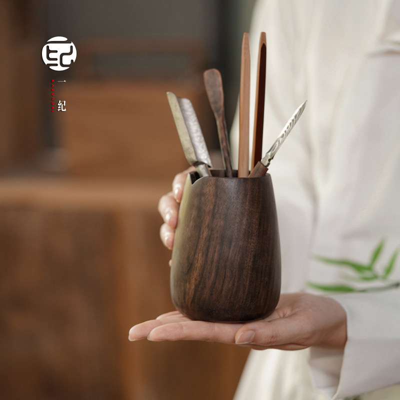 原创黑胡桃茶筒桌面茶台单个茶道六君子功夫茶具配件木质收纳神器