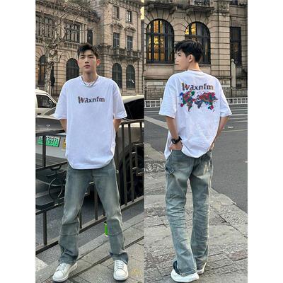 落肩彩绘印花短袖T恤男夏季