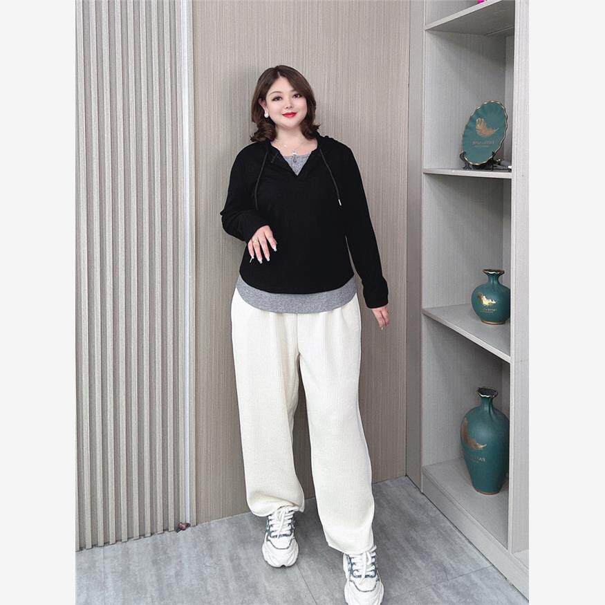 秋季新款假两件长袖打底衫女大码胖mm宽松显瘦休闲连帽卫衣短外套