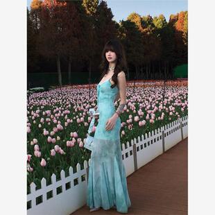 束腰海滨度假鱼尾裙 法式 夏日气质 连衣裙 网 绿色印花吊带女式
